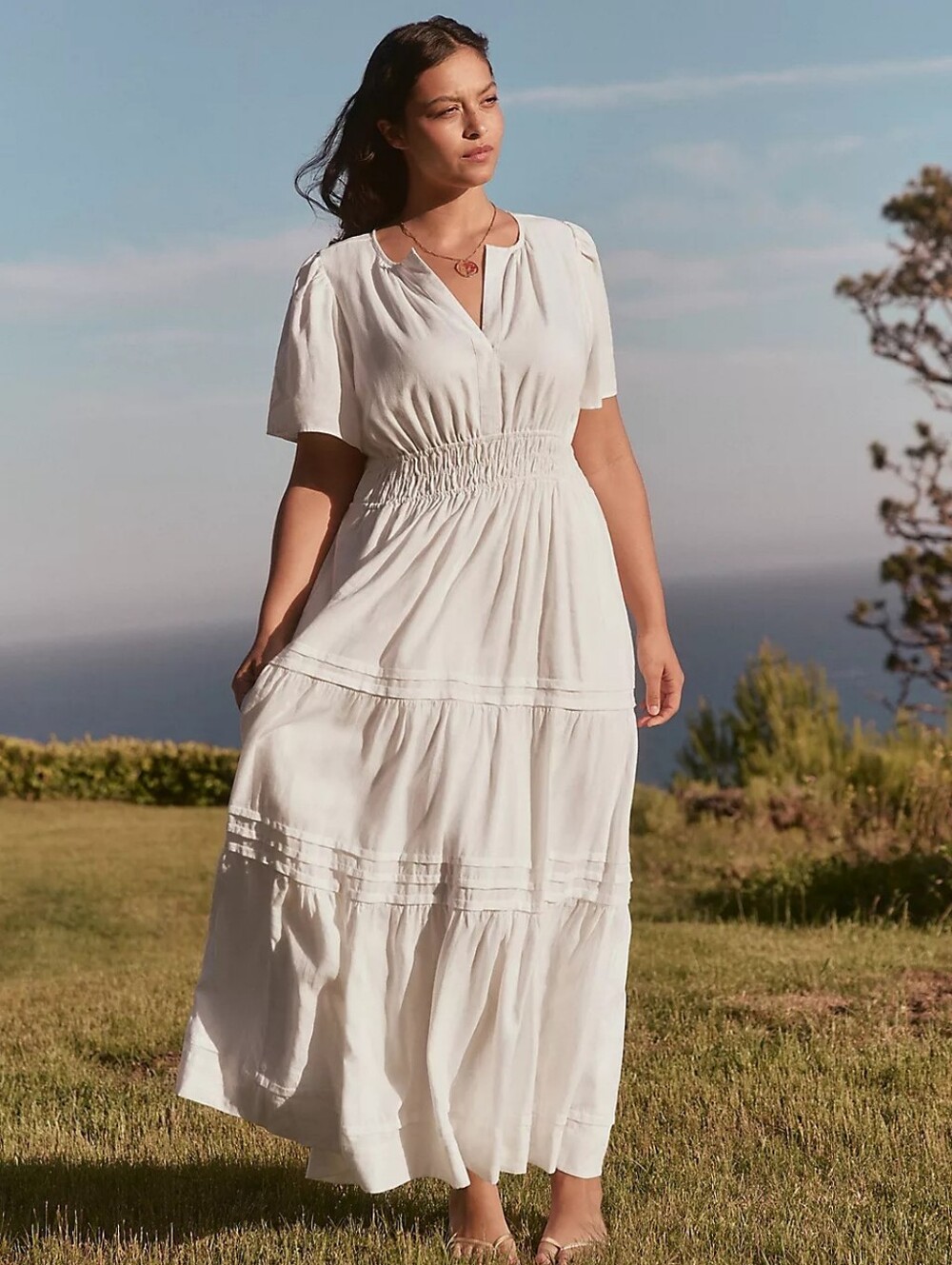 Anthropologie Somerset Maxi Dress Linen Blend White Women's Size 1X Tiered Puff